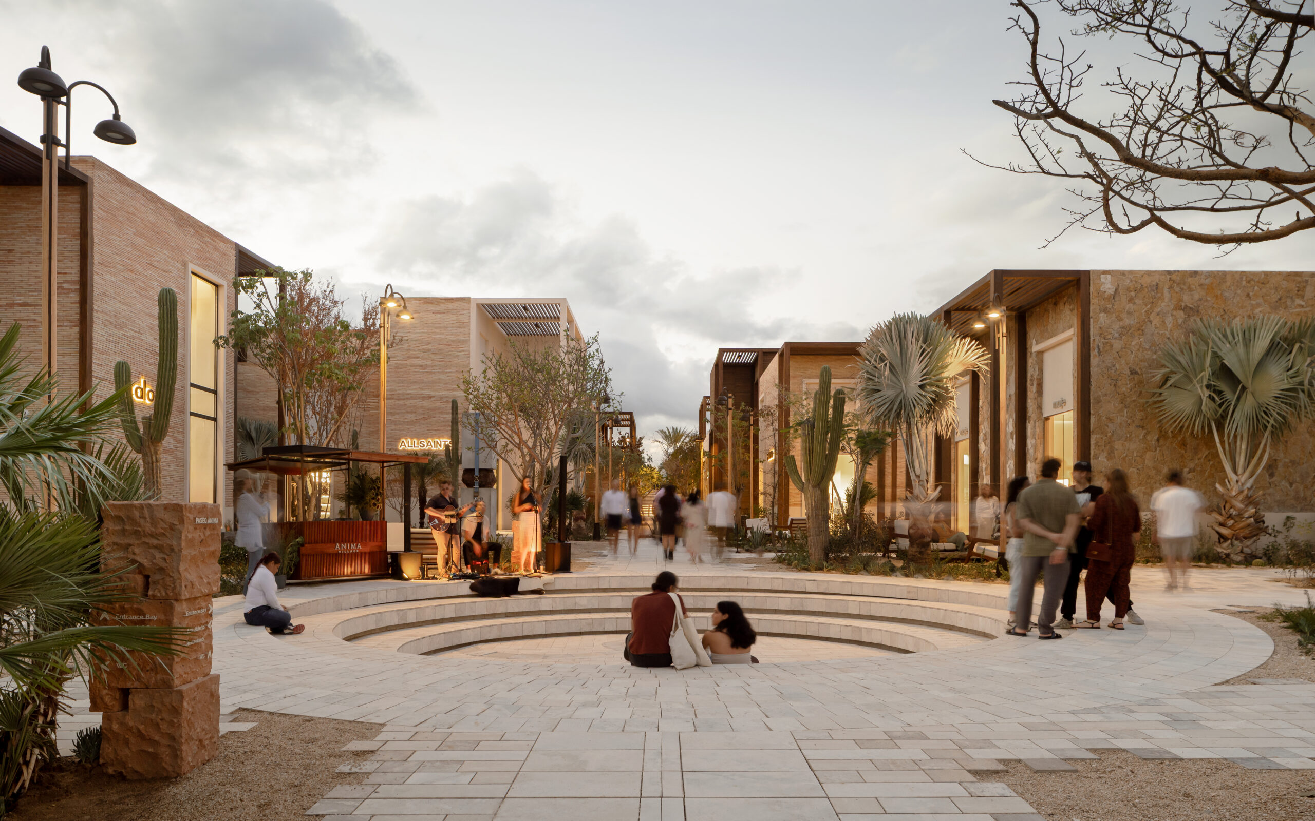 Sunken amphitheatre and retail walkways at Ánima Village, an open-air cultural district in Los Cabos by Sordo Madaleno.