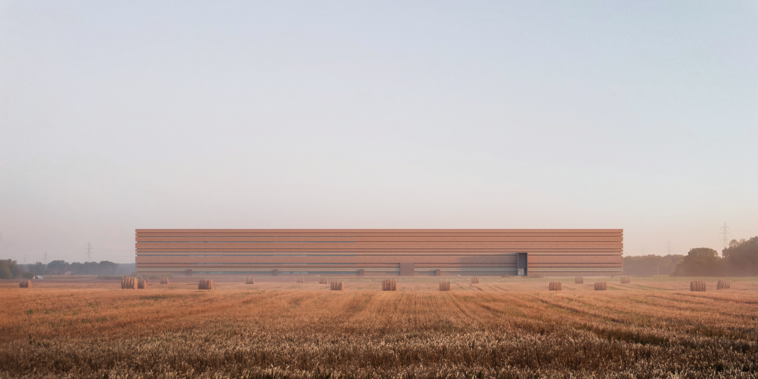 Sordo Madaleno — Render of Debrecen Collection Centre's terracotta façade set within a flat Hungarian landscape. By Sordo Madaleno.