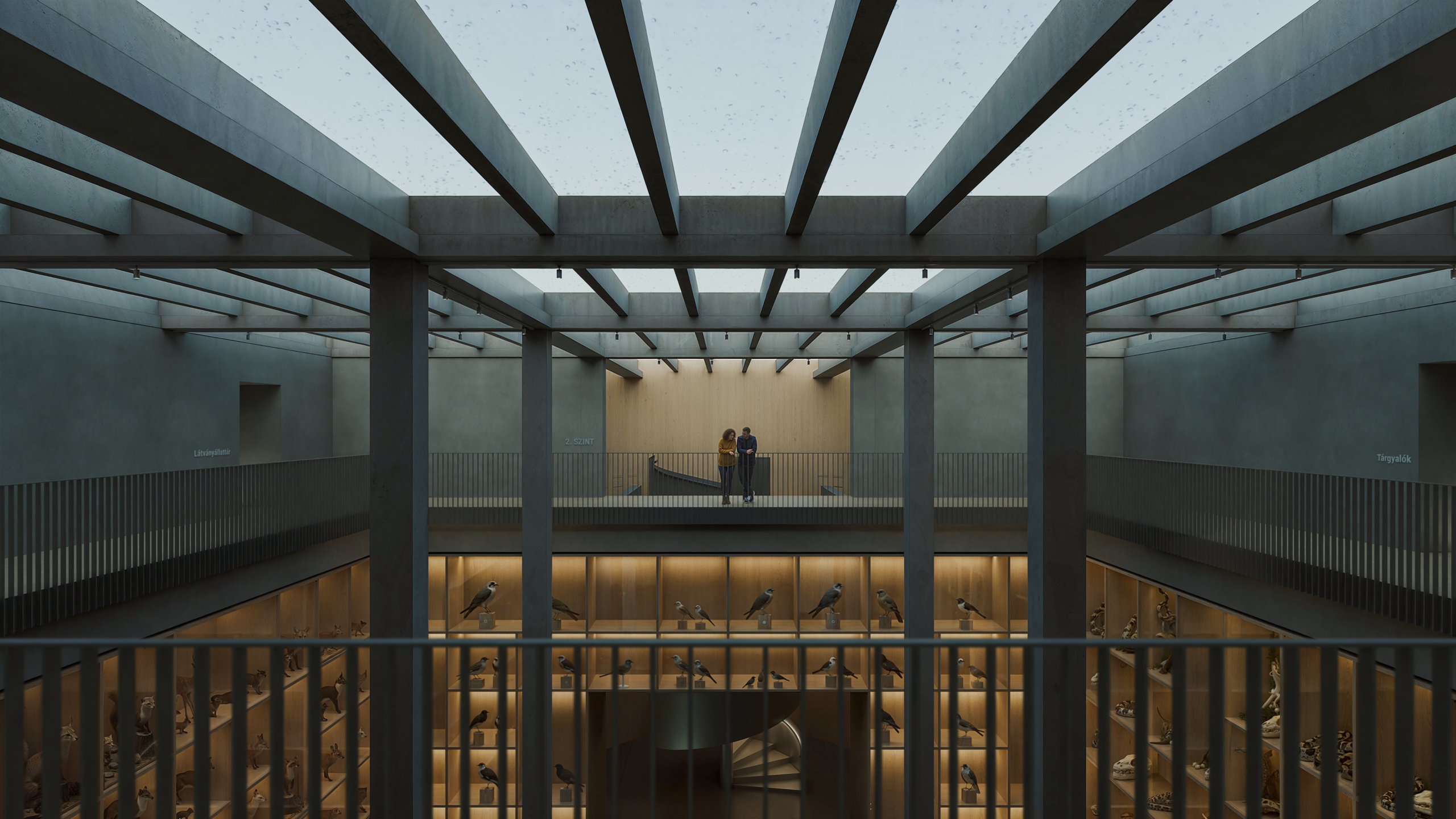 Multi-level atrium with illuminated natural history displays at Debrecen Collection Centre, Hungary. By Sordo Madaleno.