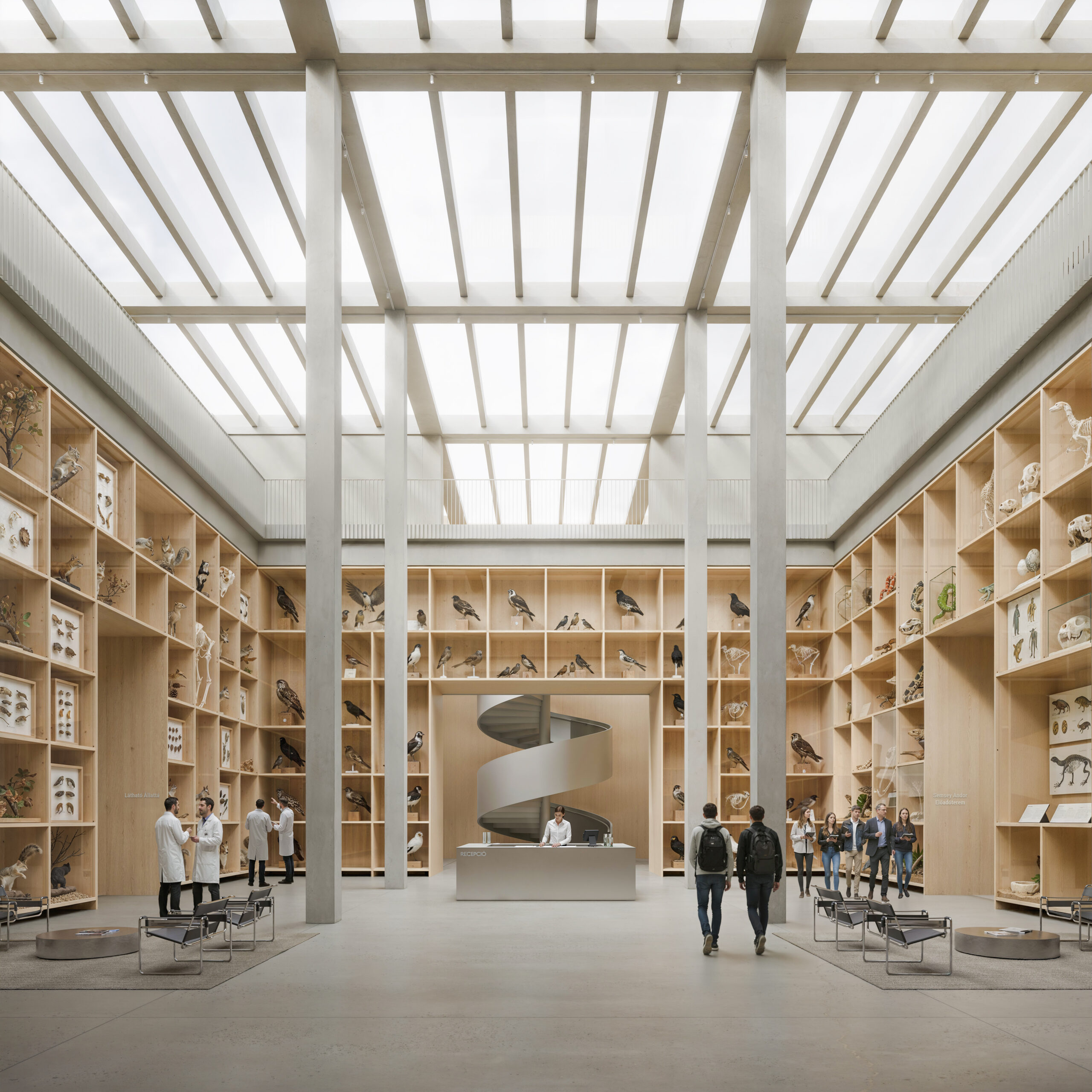 Collection centre for the Hungarian Natural History Museum integrating timber interiors and research spaces.