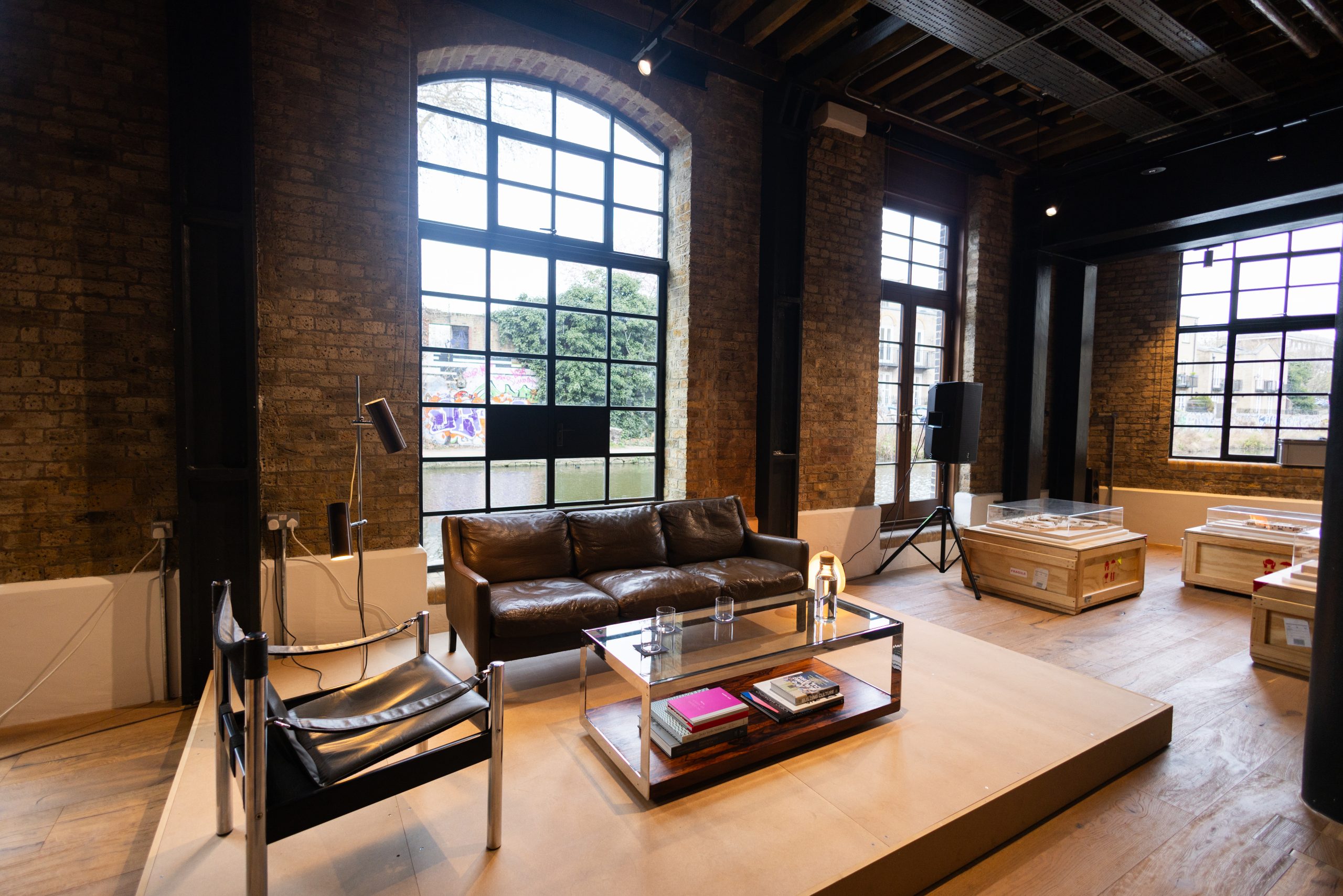 Obra, Canal Building, King's Cross, London, 2024. The room is set up to feel like a living room.