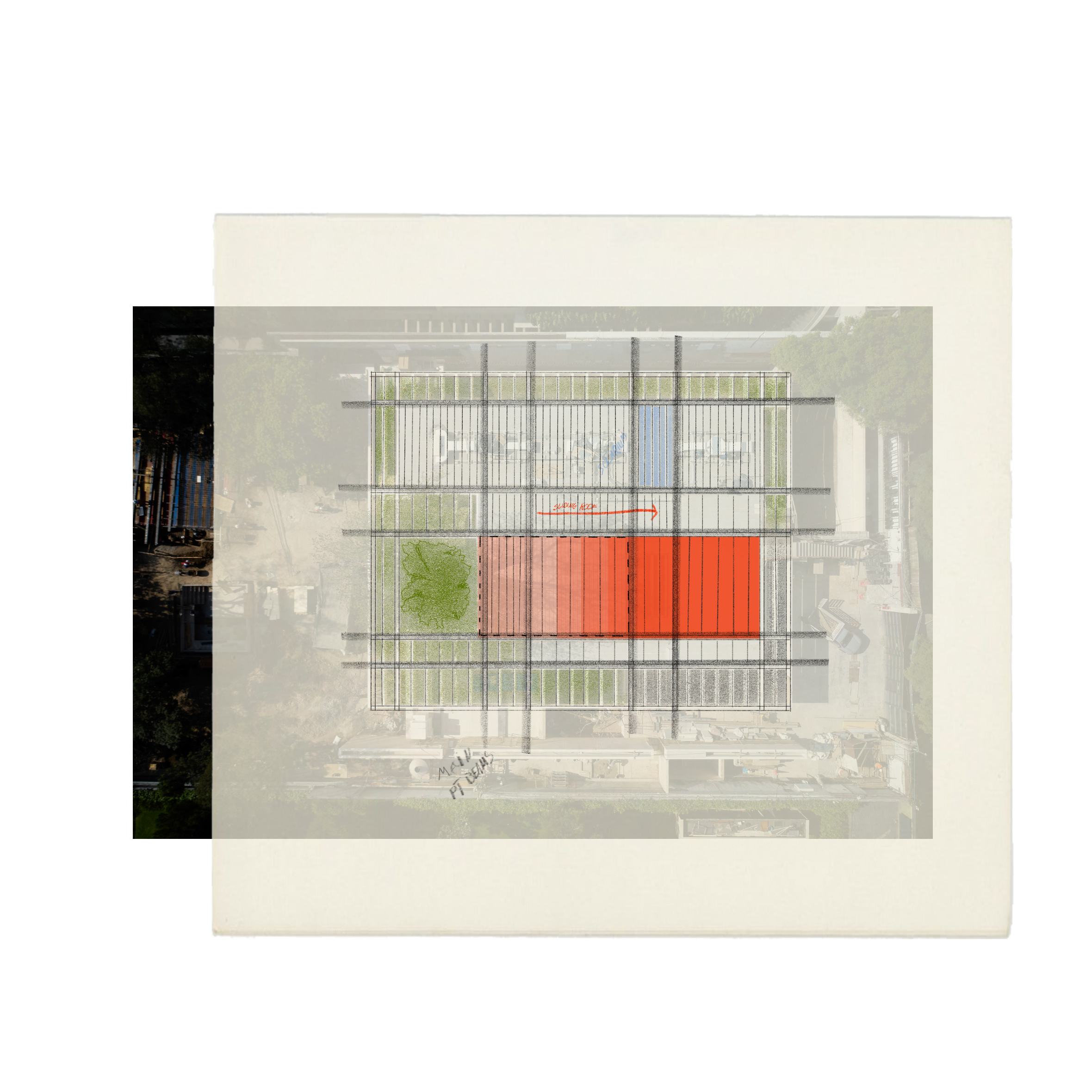 Plano de planta: rejilla de vigas y zonas estructurales — Casa SM