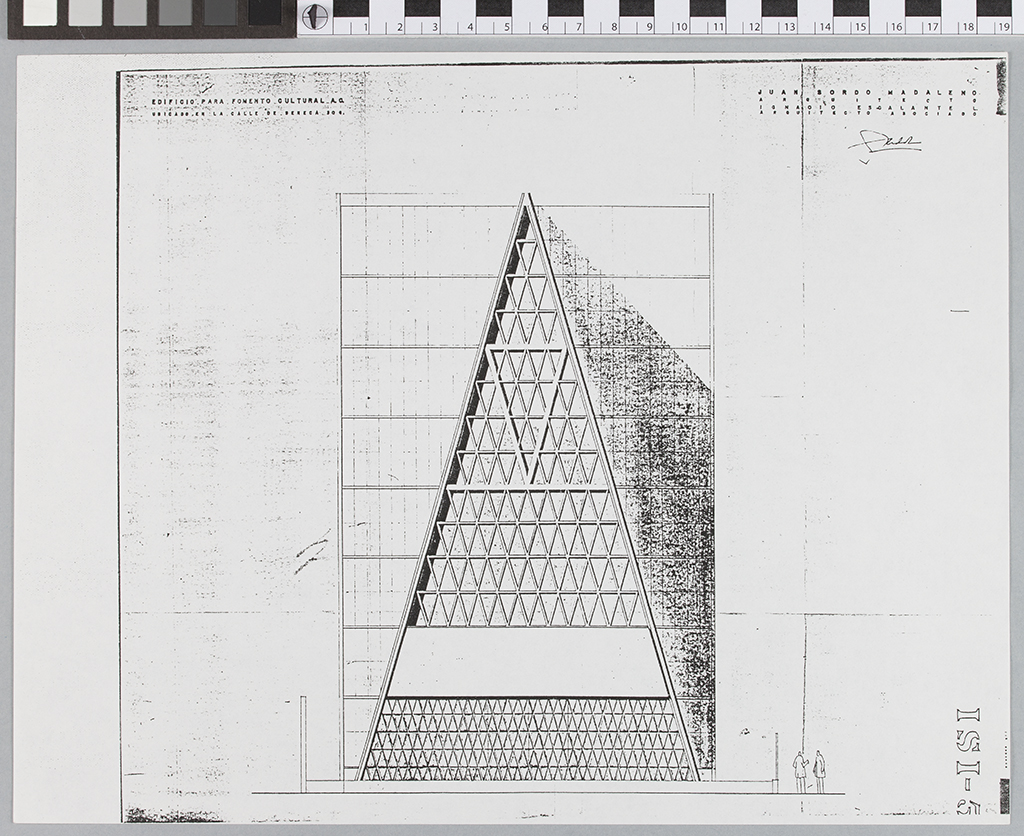 Original elevation drawing of San Ignacio de Loyola Church showing the triangular steel and glass façade. Juan Sordo Madaleno, 1961.
