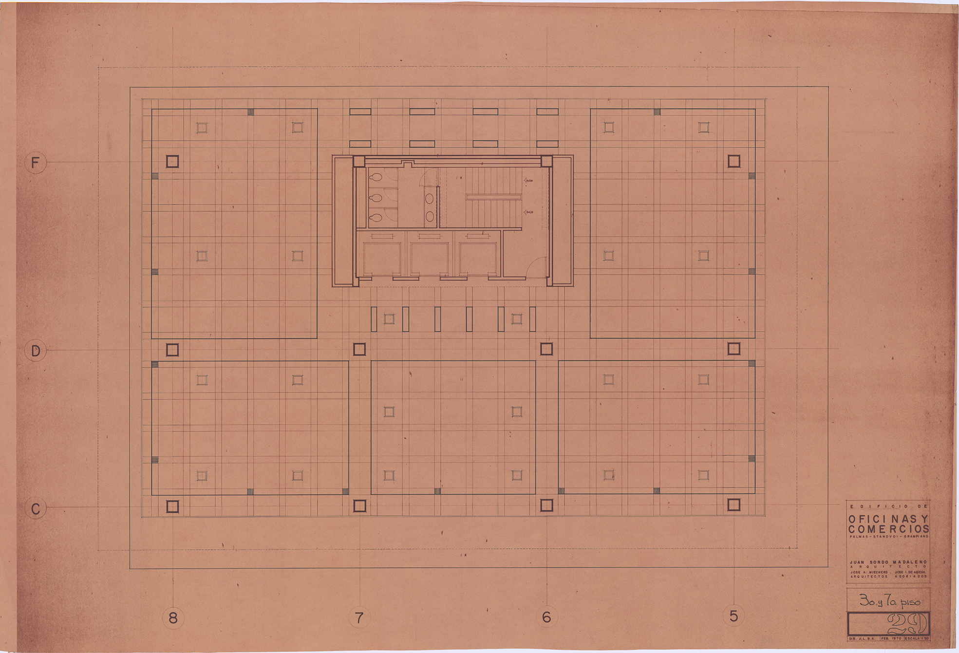Original floor plan drawing of Palmas 555 levels 3 and 7 by Juan Sordo Madaleno, showing the open-plan office layout, 1975.