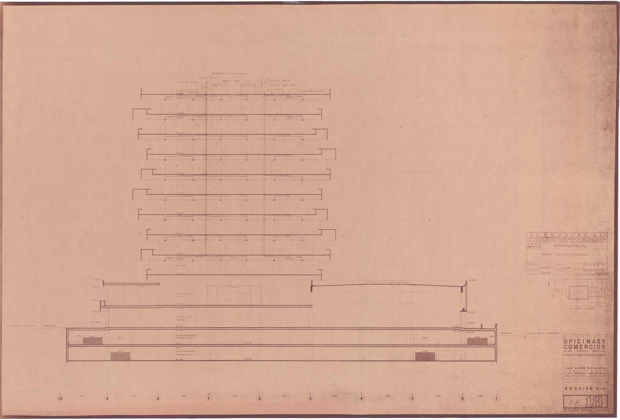 Original cross-section drawing of Palmas 555 by Juan Sordo Madaleno, showing the tower's cantilevered floor plate structure, 1975.