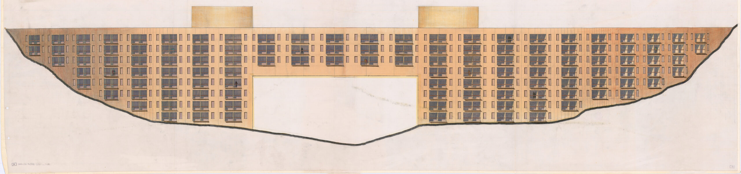 Plano de alzado original del Westin Regina Los Cabos, en el que se aprecia la fachada curva del hotel y la ventana central que da al mar. Sordo Madaleno, 1993.