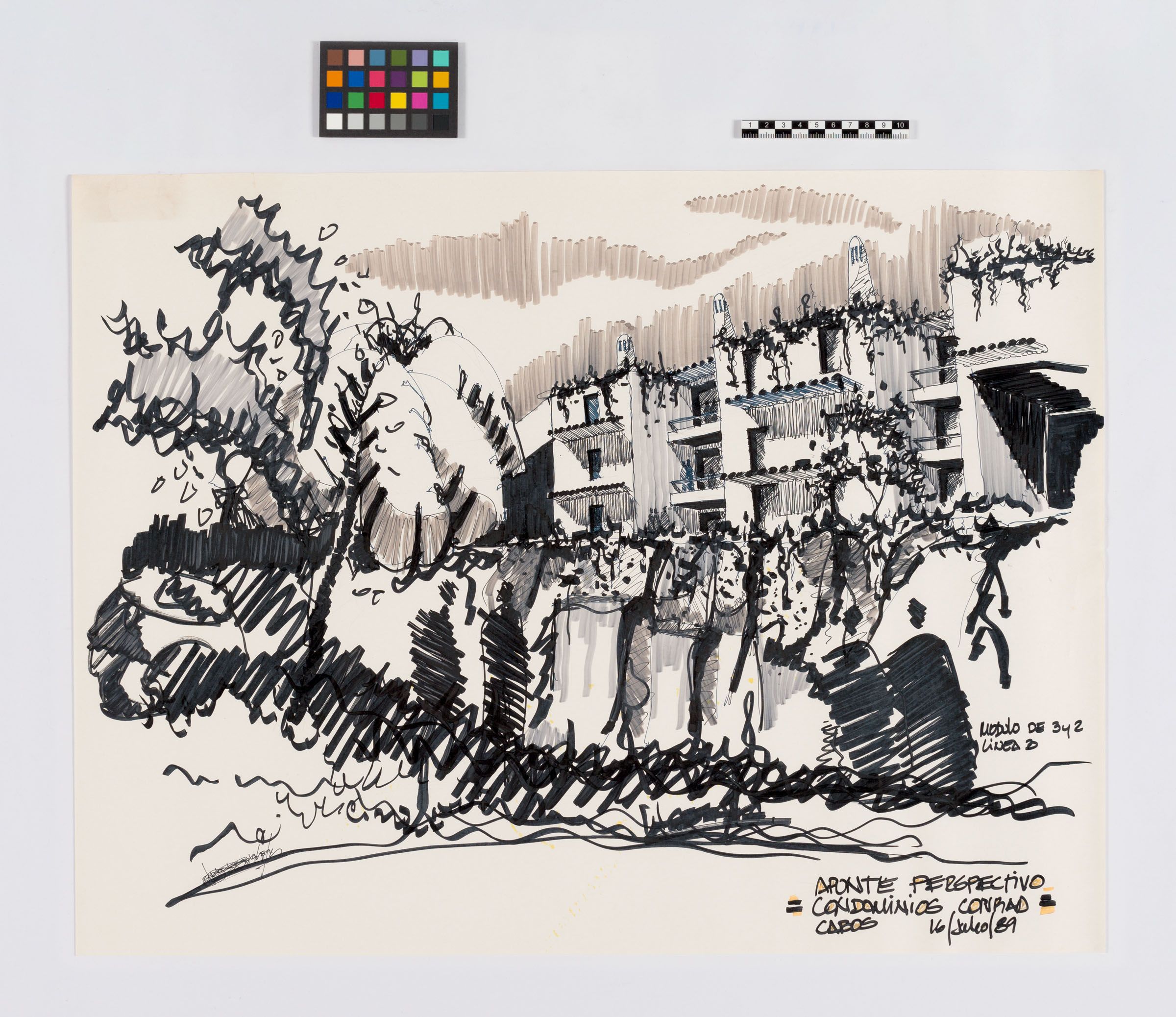 Boceto conceptual de los Condominios Conrad Cabos, Los Cabos, Baja California Sur. Javier Sordo Madaleno, 1989.
