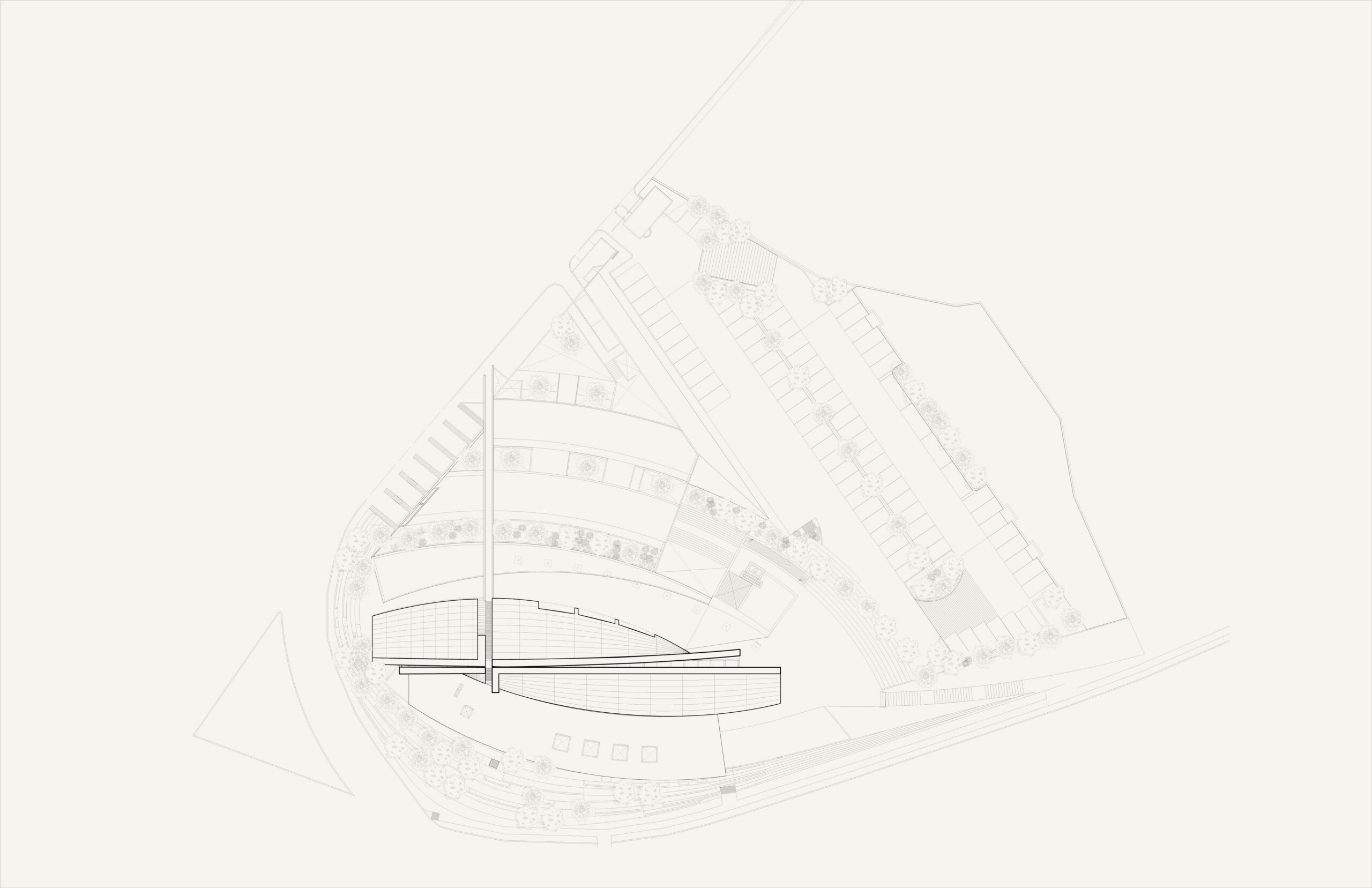 Plano de la planta y del tejado de la iglesia de San Josemaría Escrivá, en el que se aprecian las terrazas curvas, el campanario y la planta triangular del templo, en Santa Fe. Por Sordo Madaleno.
