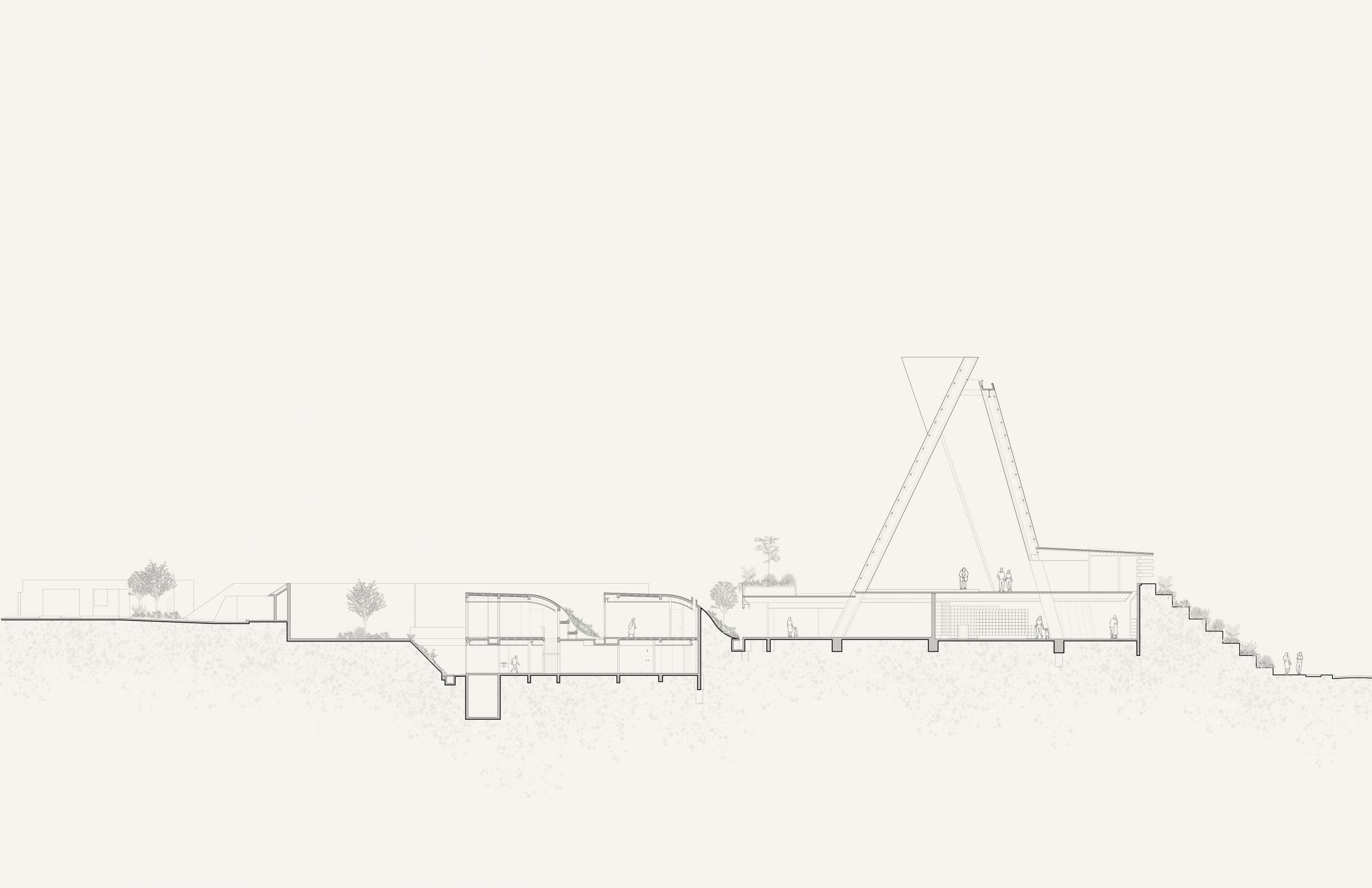 Plano de sección de la iglesia de San Josemaría Escrivá, en el que se aprecian el volumen triangular del templo y los niveles del centro comunitario, en Santa Fe, Ciudad de México. Obra de Sordo Madaleno.