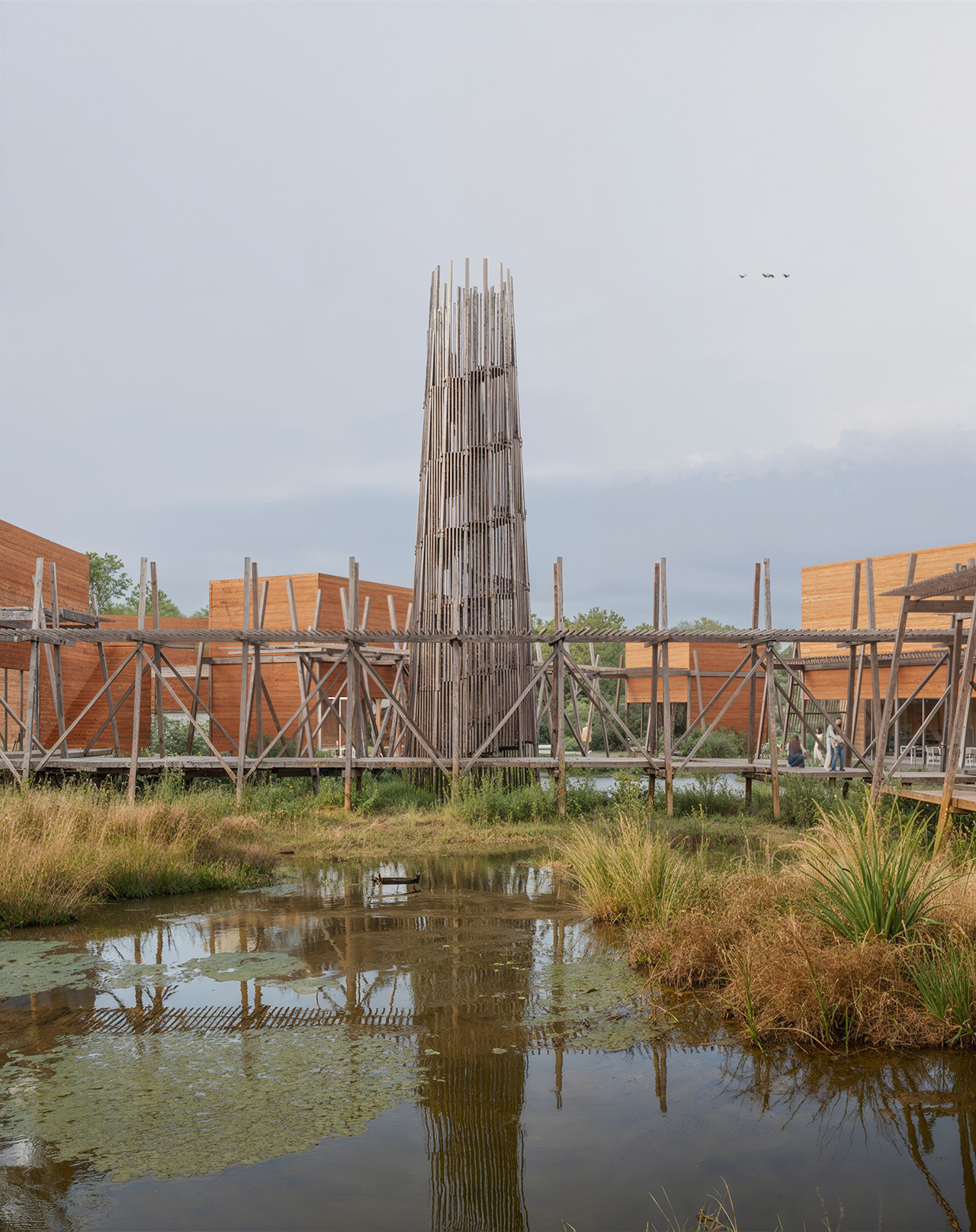 Timber tower landmark and elevated walkways over the wetlands at Parque Arbórea, San Bernardino, Paraguay. By Sordo Madaleno.