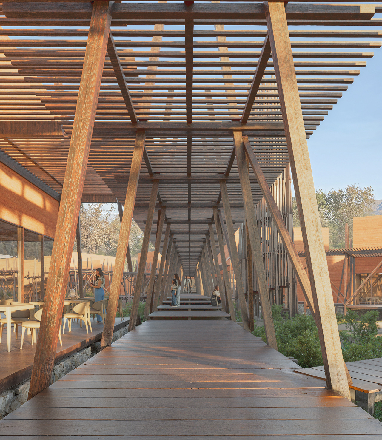 Timber jere corridor walkway linking pavilions at Parque Arbórea, San Bernardino, Paraguay. By Sordo Madaleno.