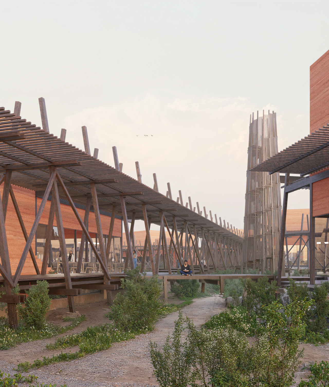 Elevated timber walkway and rammed earth pavilions alongside the landmark tower at Parque Arbórea, Paraguay. By Sordo Madaleno.