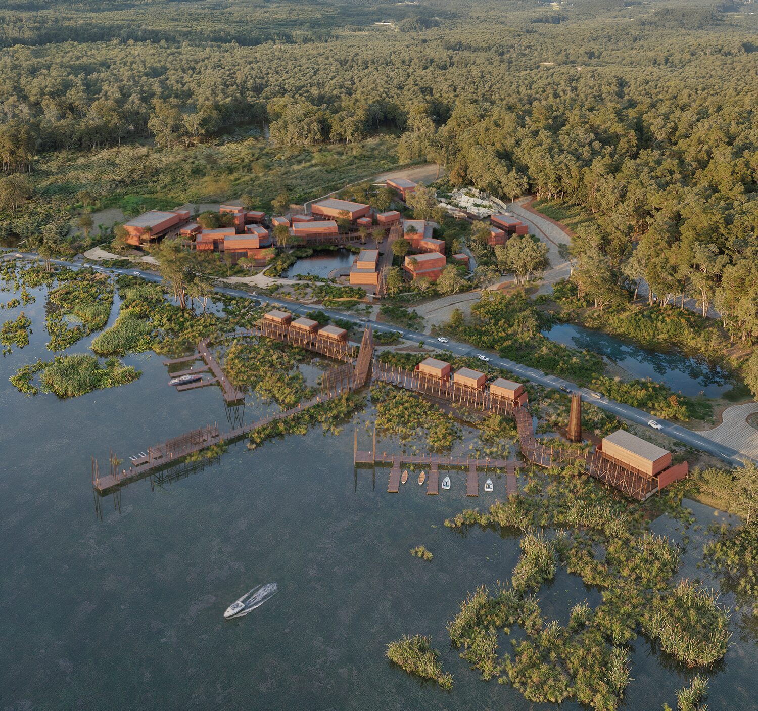 Aerial render of Parque Arbórea, timber pavilions and walkways extending over Lake Ypacaraí wetlands, San Bernardino, Paraguay. By Sordo Madaleno.