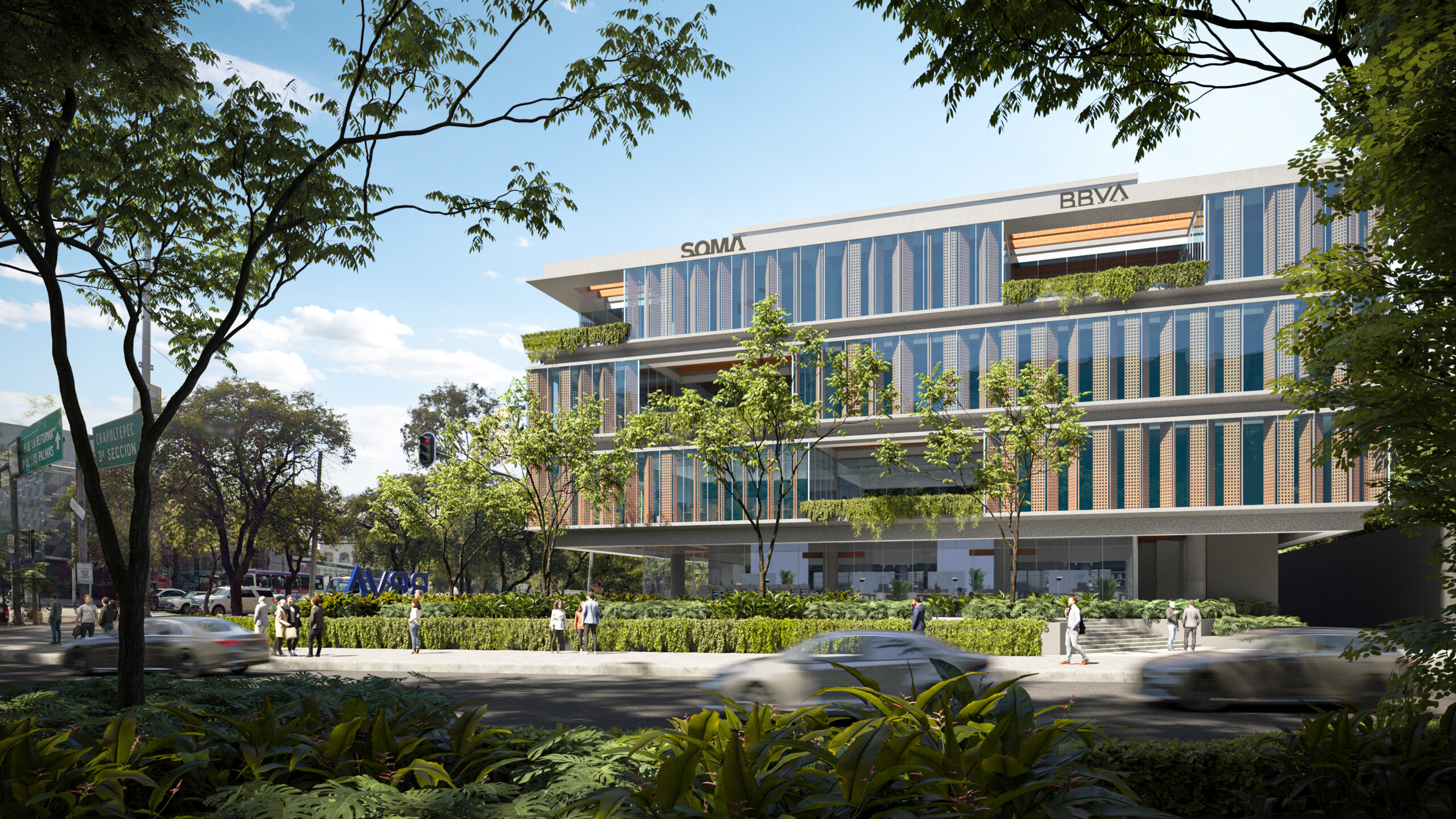 Render of SOMA HQ's glazed façade and green perimeter on Paseo de la Reforma, Lomas de Chapultepec, Mexico City. By Sordo Madaleno.